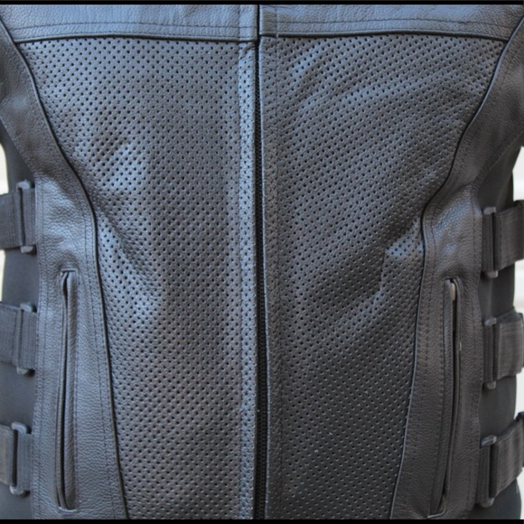 Men Motorcycle Perforated Tactical Style Swat Concealed Carry Leather Vest - Picture 5 of 7